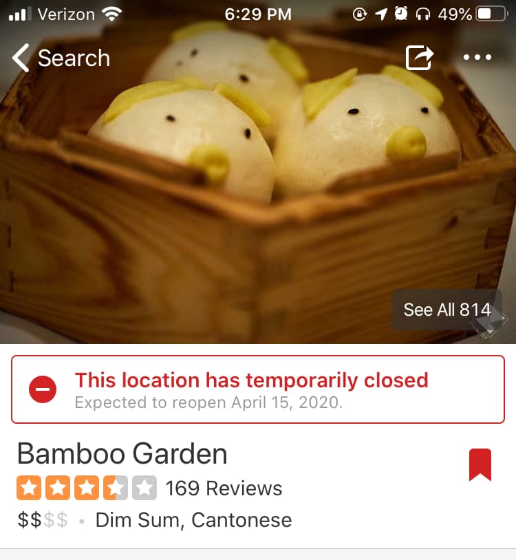 Bamboo Garden in Brooklyn marked as temporarily closed on Yelp